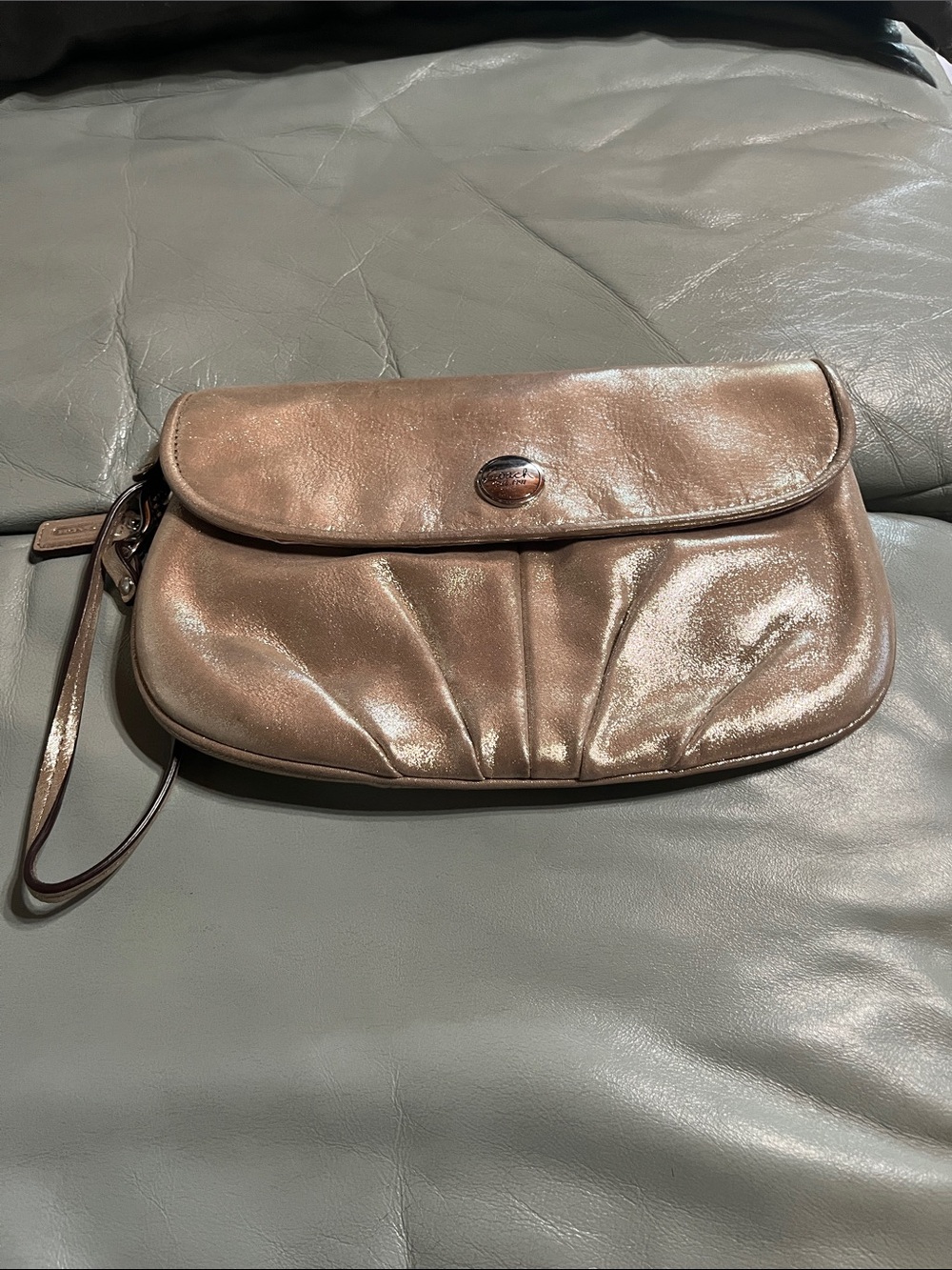 Metallic Bronze Wristlet Clutch Coach